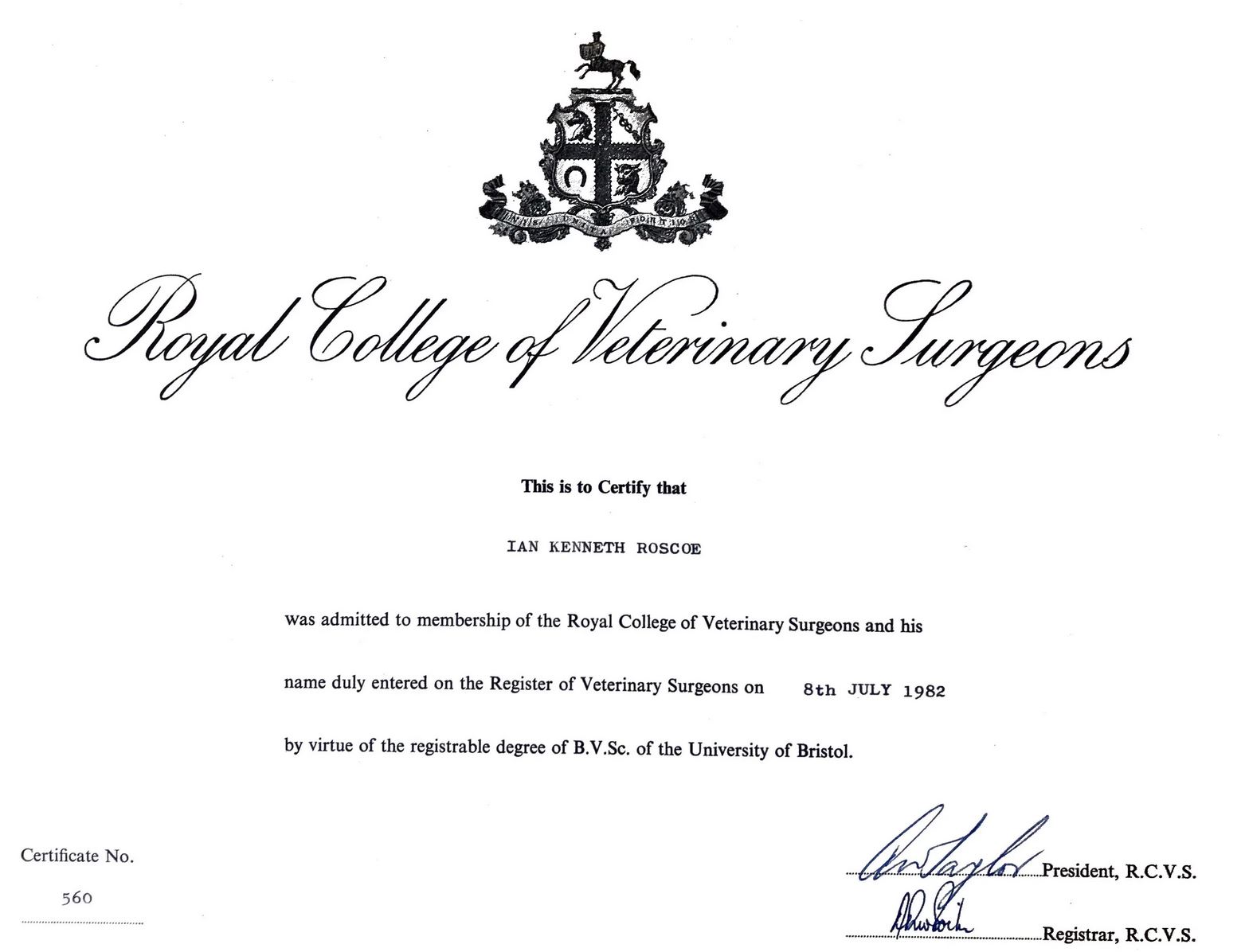 royal college of veterinary surgeons certificate
